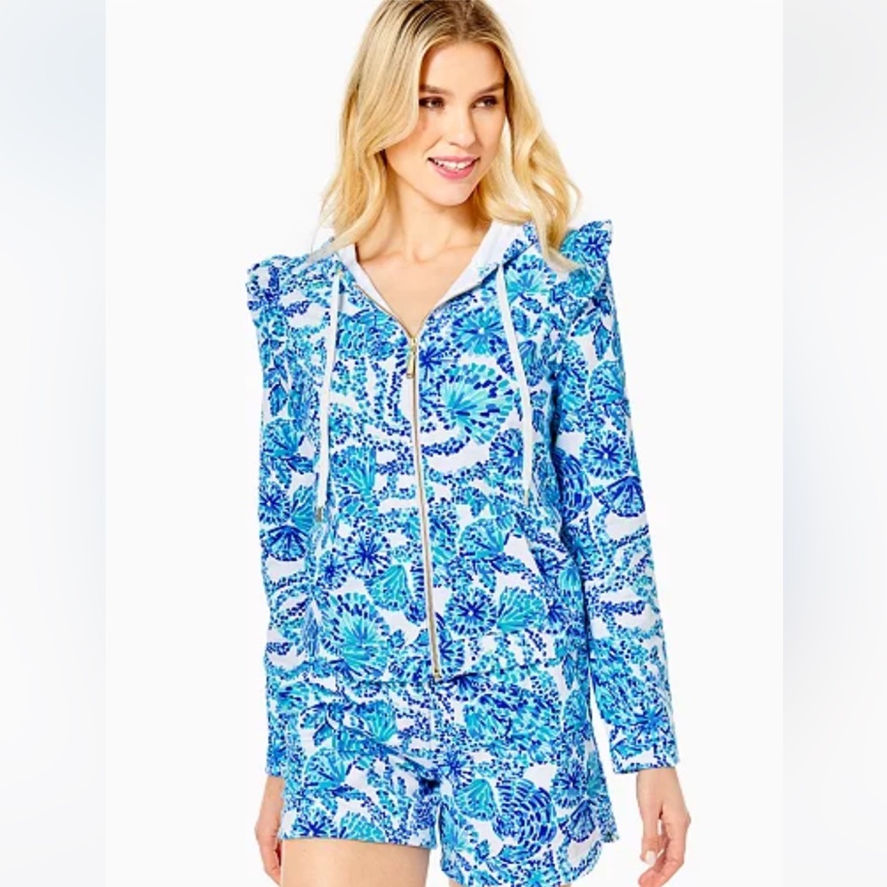Lilly Pulitzer Audrey zip up in Turquoise Oasis Shell Me You Love Me, sz M NWT